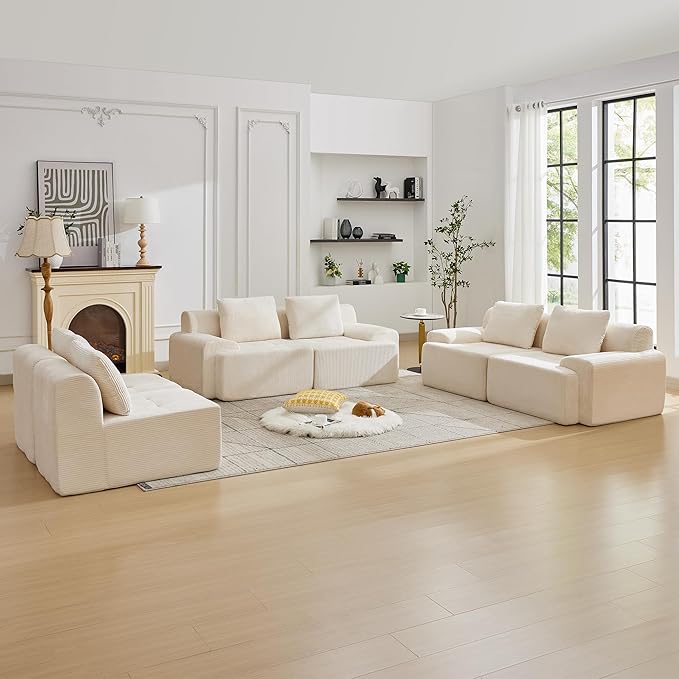 Modular Sectional Sofa with Movable Ottoman, 6 Seat Deep Seat Couch with 6 Pillows, Comfy Cloud Sectional Sofa for Living Room, Bedroom and Apartment (White, 2 Left+2 Right+2 Middle)