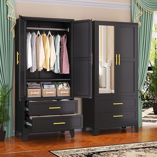 GAIOUS Steel Armoire Wardrobe Closet with Mirror, 71" Metal Clothes Storage Cabinets with 2 Doors, 1 Adjustable Shelf, 2 Drawers, Metal Wardrobe Cabinet with Hanging Rod for Bedroom, Gym, Cloak(Black)