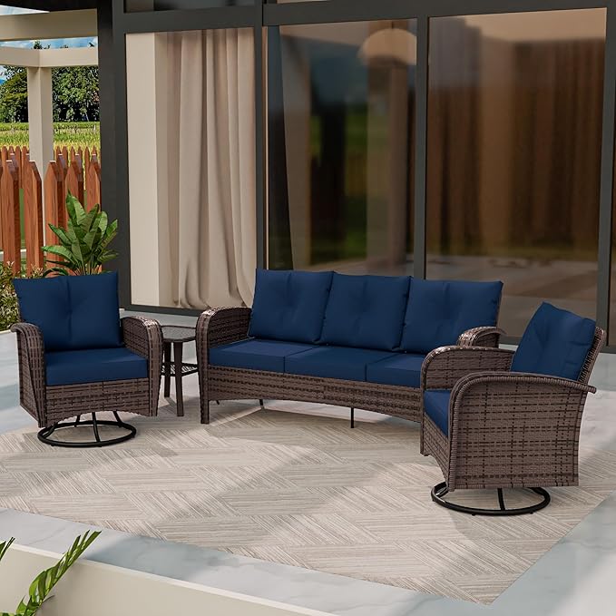 4 Piece Patio Conversation Set - 2 Swivel Chairs 1 Coffee Table 3-Seater Sofa, PE Wicker & Steel Patio Furniture with Heavy-Duty Steel Frame,Weatherproof Cushions, Blue