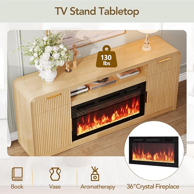 Decofy 70" Fluted Fireplace TV Stand for 80" TV, TV Console Cabinet with Wavy Grain Doors & Adjustable Shelves, Remote & Touch Control Adjustable LED Light, Flame Colors&Temperature for Living Room - Image 3