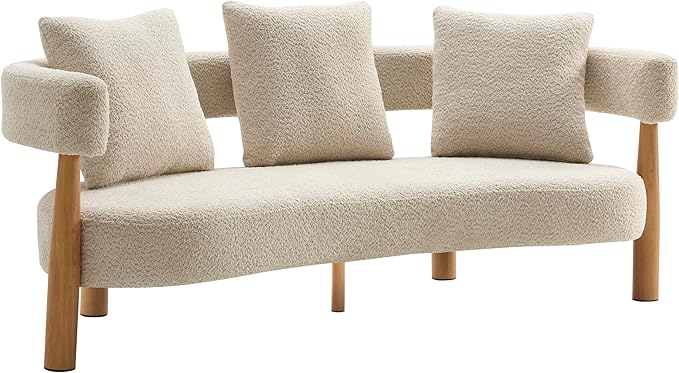 Christopher Knight Home Yulez Curved 3-Seater Sofa Couch with 3 Accent Pillows, Boucle Fabric Upholstered Lounge Seating, 76.5'' Home Office Bedroom Sofa Chair, Comfy Wooden Frame Sofa, Sesame Beige