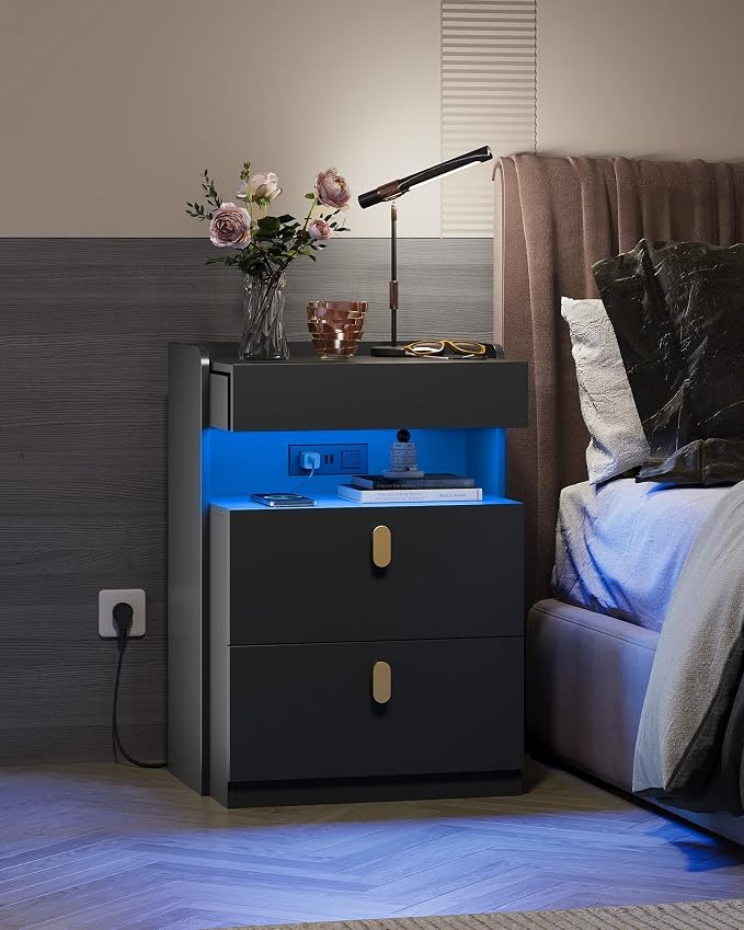 WLIVE Black LED Nighstand with Charging Station, Night Stand with Sliding Top and 2 Drawers, Modern Bedside Table End Tables with Hidden Space for Bedroom, Living Room, Black - Image 5