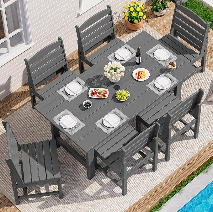 SERWALL Patio Dining Sets for 6 Person, HDPE Dining Set with 6 Armless Chairs, Gray by SERWALL