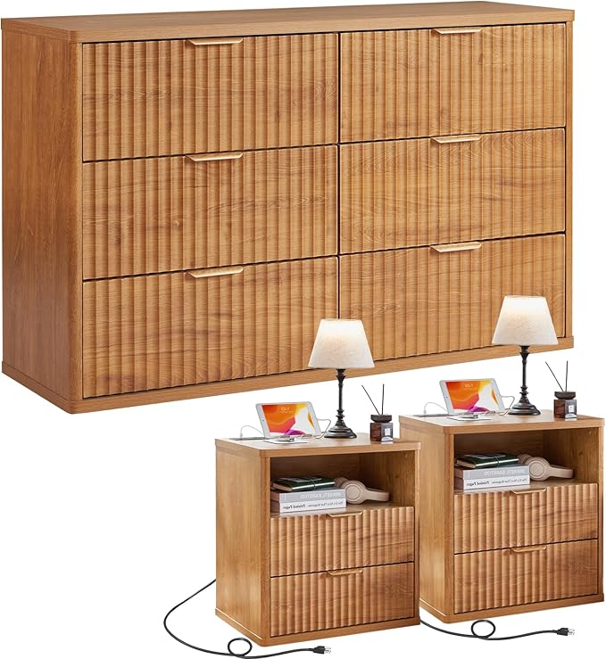 LEYAOYAO Fluted Dresser and 2 Drawers Nightstand Set of 2, Wood 48" Wide Dresser & 23" Night Stand with Charging Station, 3 Piece Bedroom Furniture Set, Chest of Drawers for Home,Living Room,Brown