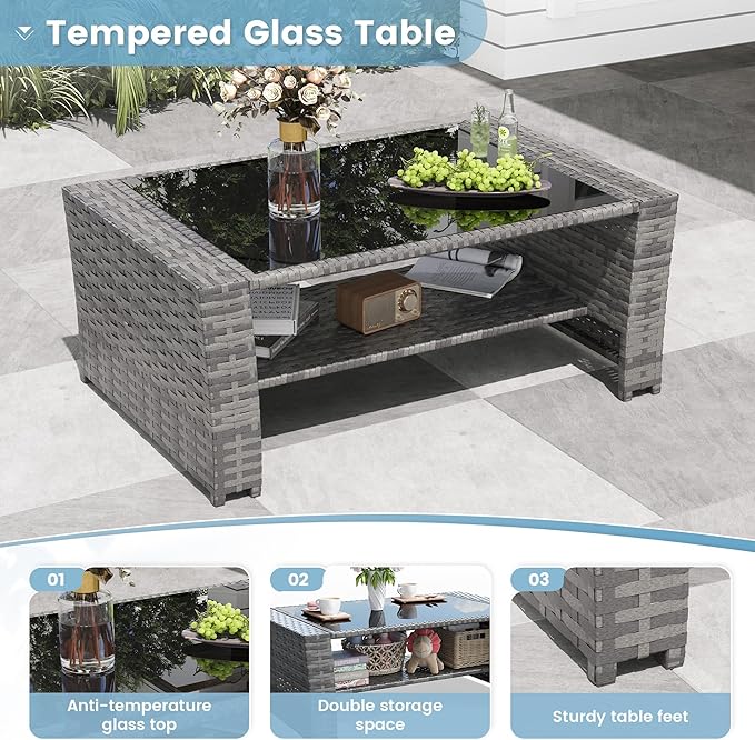 Amopatio 4 Piece Outdoor Wicker Patio Furniture Set, PE Rattan Sectional Sofa with Thick Cushions & Tempered Glass Table, Weather-Resistant Patio Conversation Sets for Balcony, Backyard, Beige