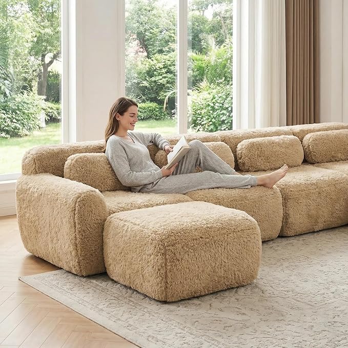 149" Modular Sectional Sofa, Modern Sectional Couch, U-Shape Boneless Couch for Living Room Apartments Bedroom, 32D High Density Sponge Lounge Sofa, No Assembly Required, Light Khaki