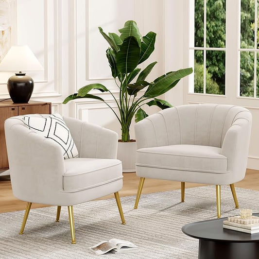 Andeworld Velvet Accent Chair Set of 2, Upholstered Modern Single Sofa Side Chair,Comfy Barrel Club Living Room Armchair with Golden Metal Legs for Bedroom Living Reading Room Office, Beige