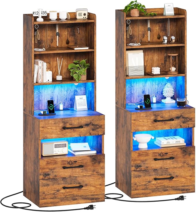 AOGLLATI Tall Night Stand Set of 2, Nightstand with Charging Station and LED Lights, Rustic Brown Bedside Table with Bookshelf, 3 Drawers and Open Shelves, Modern End Side Table for Bedroom by AOGLLATI