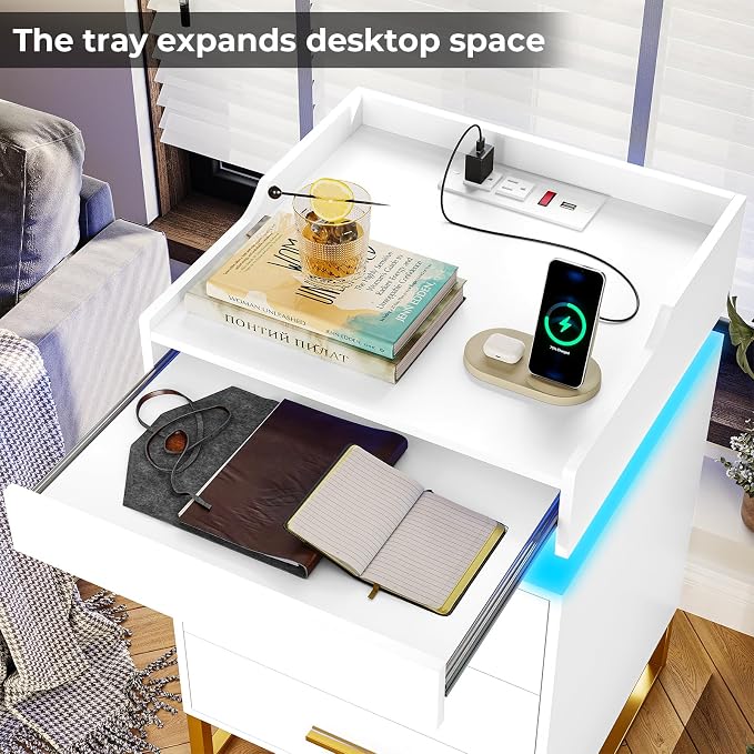 BTHFST LED Nightstand with Charging Station, Large Night Stand with 3 Drawers and 1 Pull-Out Tray, Modern Bedside Table with LED Lights, End Side Table with Storage, White and Gold - Image 4