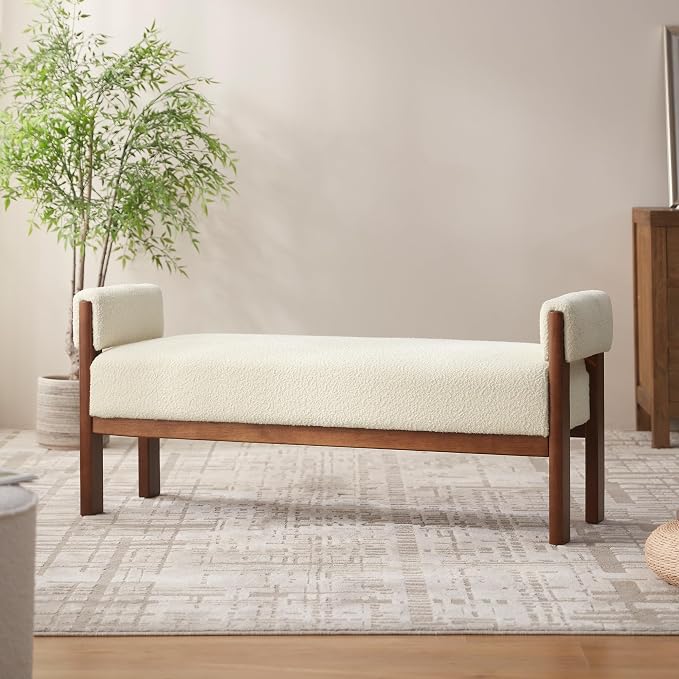 VKNOW End of Bed Bench, 51.8” Upholstered Bedroom Bench Indoor Bench with Solid Wood Frame, Modern Entryway Bench with Arms for Bedroom Living Room, Beige by VKNOW