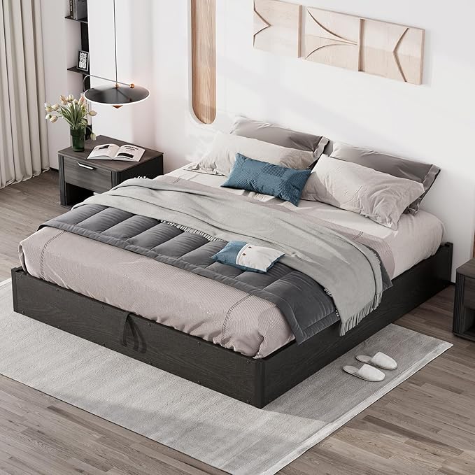 LUXOAK 3 Pieces Bedroom Sets, Includes Full Size Lift Up Storage Platform Bed Frame, 2 Drawers Farmhouse Nightstand Set of 2 with Charging Station, No Box Spring Needed, Black