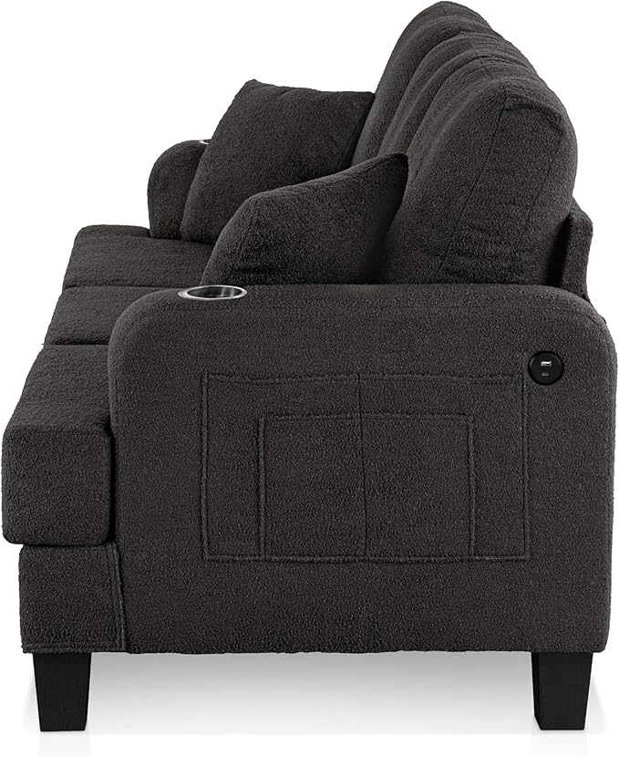Homes: Inside + Out Reese Modern Plush Boucle Couch with Side Pockets, Cup Holders and USB Ports, Wooden Comfortable Sofa for Living Room, Bedroom and Office, Dark Grey
