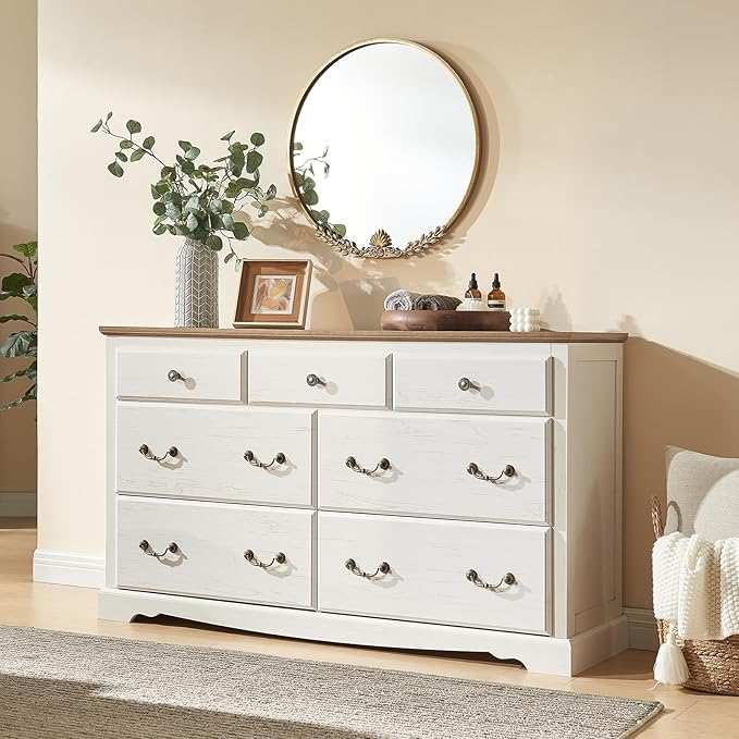 AMERLIFE 5 Piece Bedroom Set, Including Farmhouse Queen Size Bed Frame with 4 Drawers, 7 Drawer Dresser & 6 Chest of Drawers, 2 Nightstands with Charging Station for Bedroom, White