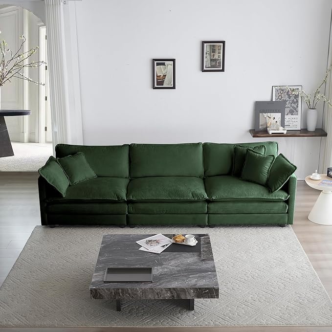 KEIKI Combination Sofa, Upholstered 3 Seater Couch, Oversized Sectional Sofa with Reversible Ottoman for Living Room Bedroom Office, Green