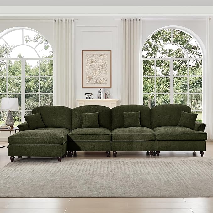 KEIKI Mid Century Modular Sofa with Flared Arms and Skirted Design, 137“ Oversized 4-Seater with Ottoman Luxury Chenille L-Shaped Sectional Couches for Living Room, Chaise Lounge Indoor, Green