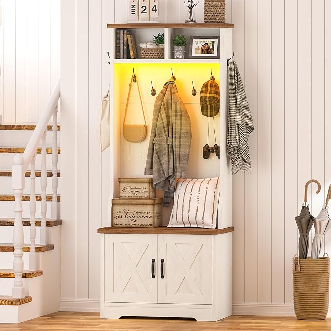 CSZZD Hall Tree with Bench and Shoe Storage, Entryway Bench with Coat Racks and Led Lights, Farmhouse Small Hall Tree with Shoe Cabinet, 7 Coat Hooks, 6 Storage Cubbies, Adjustable Shelf by CSZZD