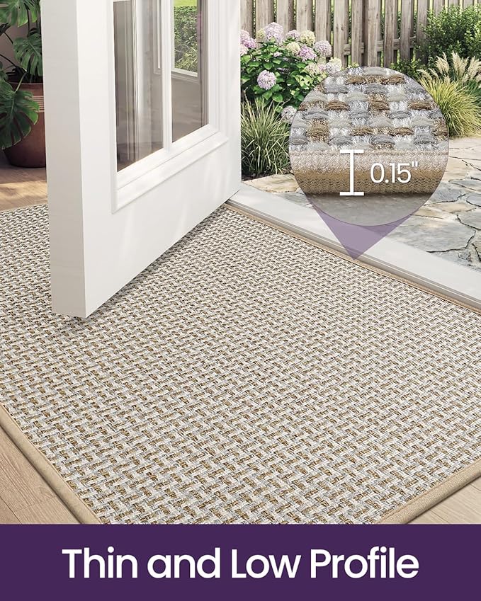DEXI Ultra Thin Door Mat Indoor Entrance 36x56, Non Slip Rubber Backed Entryway Mats Dirt Trapper, Low Profile Front Doormat for Inside Entry, Patio, Porch, Beige and White - Image 3
