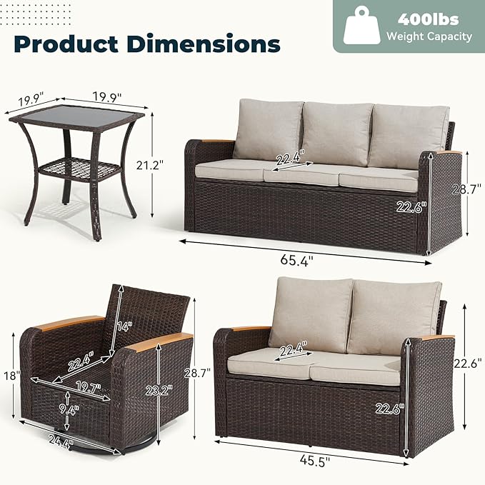 6 Pieces Patio Furniture Sets with Swivel Chairs, Wicker Outdoor Furniture Set for Porch Deck Bistro Lawn Garden Backyard Poolsid- Brown Rattan/Khaki