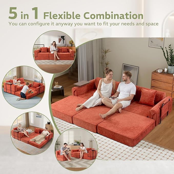 100" Convertible Sleeper Sofa Bed, Oversized Modular Sectional Cloud Sofa with Fixed-Shape Frame & Tabletop, Boneless Couch with Storage Pocket for Living Room, No Assembly Required, Orange