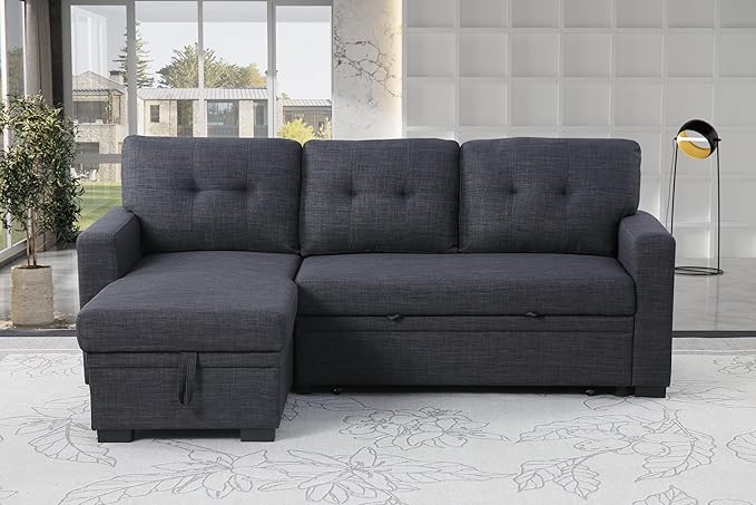 ERYE 82-inch Pull Out Sleeper Couch Bed, L-Shaped Reversible Sleeper Sectional Sofa Linen Blend Tufted Upholstered Corner Convertible Sofa Bed with Storage Chaise