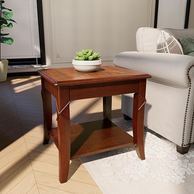 Solid Wood Side End Table with Storage Shelf, Mid-Century Sofa Beside Table with Splicing Top,Telephone Table for Living Room, 19.7"L x 17.9"W x 19.7"H Easy Assembly, Cherry Brown CJZ-DR200