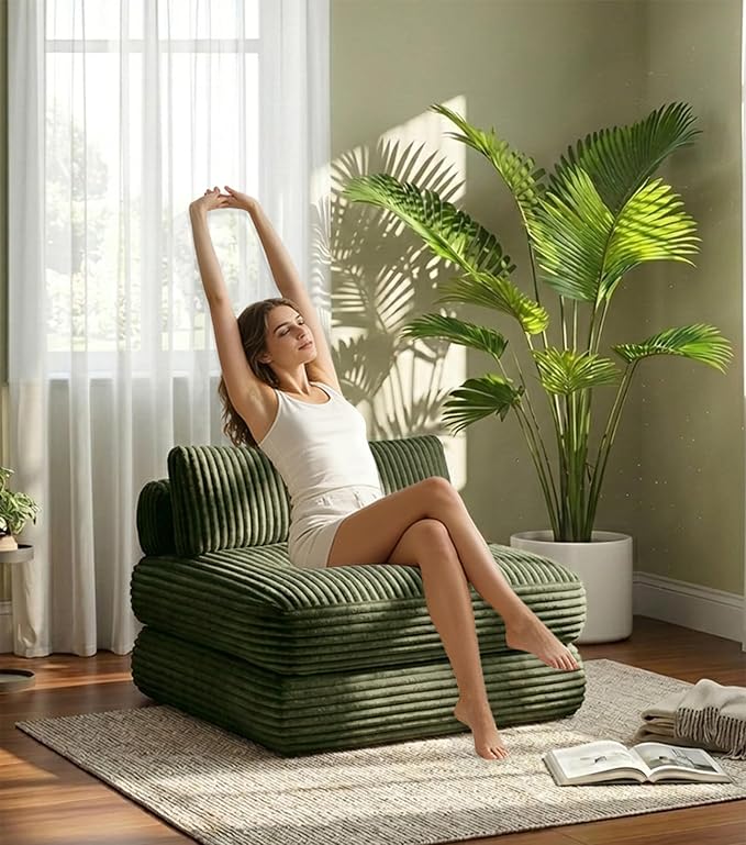 Plush Corduroy Folding Sofa Bed, Free Setup Floor Beds, 34" Boneless Couch for Small Spaces, Corner Chair, Convertible Sleeper Chair, Corner Couch, Foldable Sleeper Sofa Beds, Green