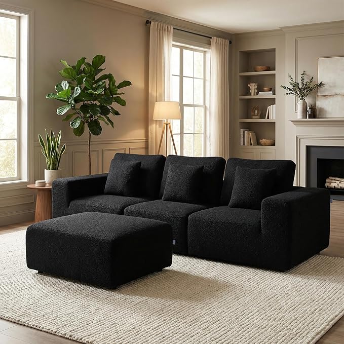 Life Balance Modular Sectional Sofa for Living Room, 106 Inch L-Shape 4-Seat Couches with Chaise, Modular Design Easy to Assemble, Cloud Soft Fabric, Black (Sherpa Fabric)