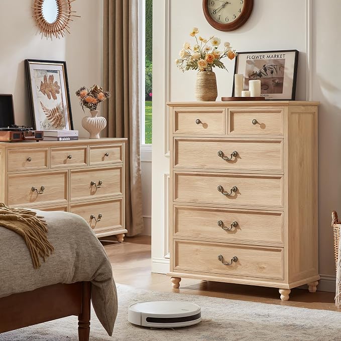 Joaxswe Farmhouse 6 Drawer Dresser Set of 2 for Bedroom, 42" Tall Rustic Chests of Drawers w/ 4 Solid Wood Feet, Mid Century Vintage Wooden Closet Storage Dressers Organizer for Living Room,Natural - Image 3