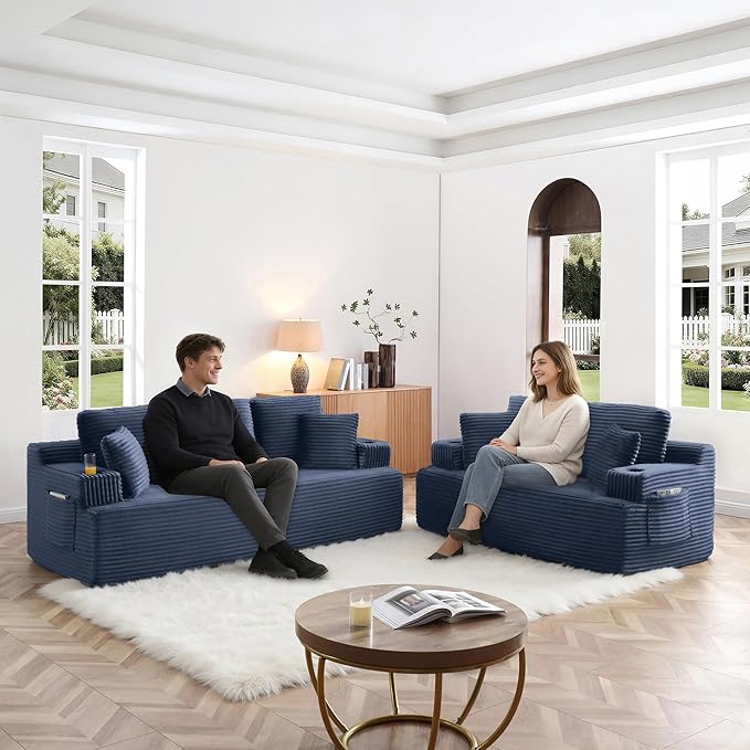 Eafurn Floor Loveseat Boneless Sofa Couch in a Box with Cup Holder and Side Pockets, 3 Seater Comfy Corduroy Upholstered Foam Couch with Deep Seating for Living Room,No Assembly | Breathable material, Cupholders