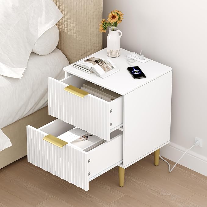 Akxomel White Nightstand Set of 2, Fluted Night Stand with Charging Station, 13.8" D x 15" W x 23.2" H, 2 Drawers Modern Bedside Table with USB Ports and Outlets, Golden Side Table for Bedroom - Image 8