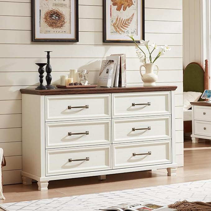 SAVOR LIFE Farmhouse White 6 Drawer Dresser for Bedroom, 54 inch Wide Vintage Large Chest of Drawers with Square Wood Legs, Rustic TV Console for Living Room, Wooden Storage Closet Dressers for Home - Image 7