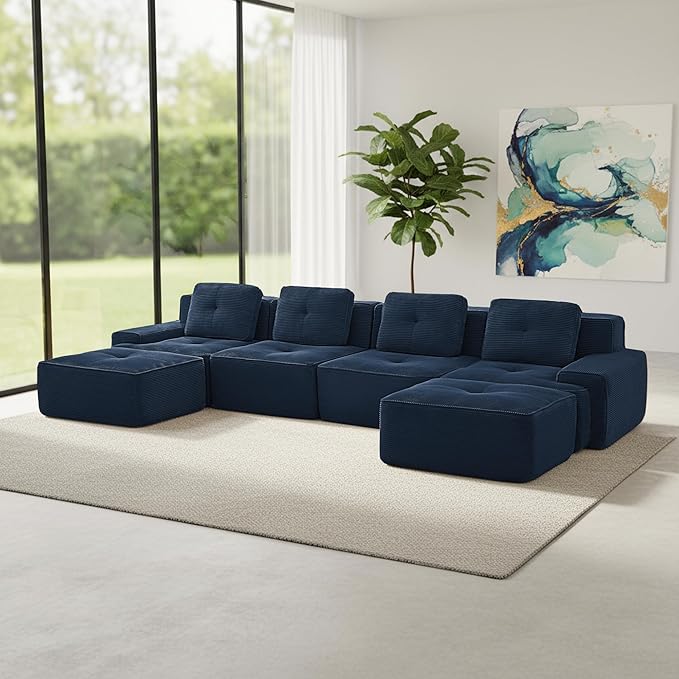 Casaphoria 150'' Blue Boneless Sectional Sofa, Corduroy 4-Seater Cloud Couch with 4 Pillows & 2 Ottomans for Living Room, U-Shaped Deep Seat Modular Sofa for Apartment, No Assembly
