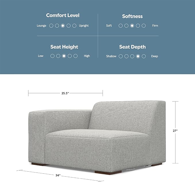 SIMPLIHOME Rex Left-Arm Sofa Module in 100% Recycled Polyester Tightly Woven Performance Fabric, Pale Grey, 44-inches Wide, Handcrafted Modern-Style Left-Arm Accent Chair for Living Room