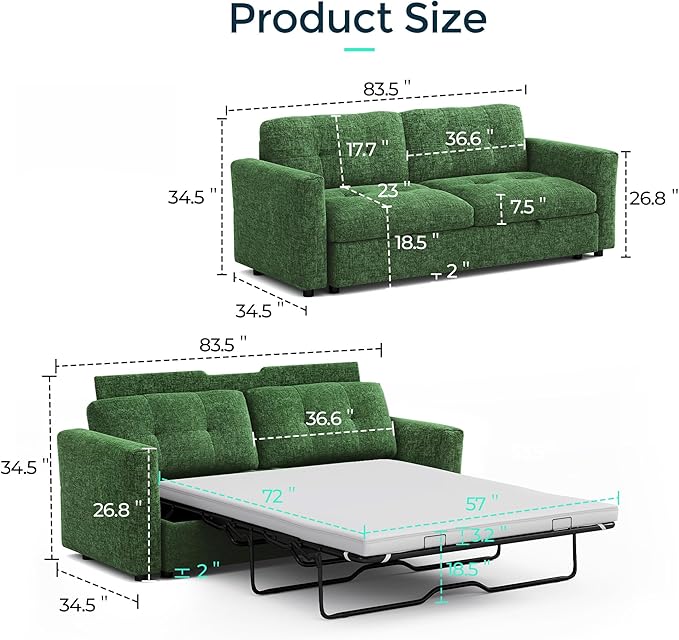 LINSY 84" Oversized Loveseat Sofa with Pull Out Bed, 2 Seater Sleeper Sofa Bed with Memory Foam Topper, Cozy Chenille Convertible Couch for Living Room, Apartment, Green