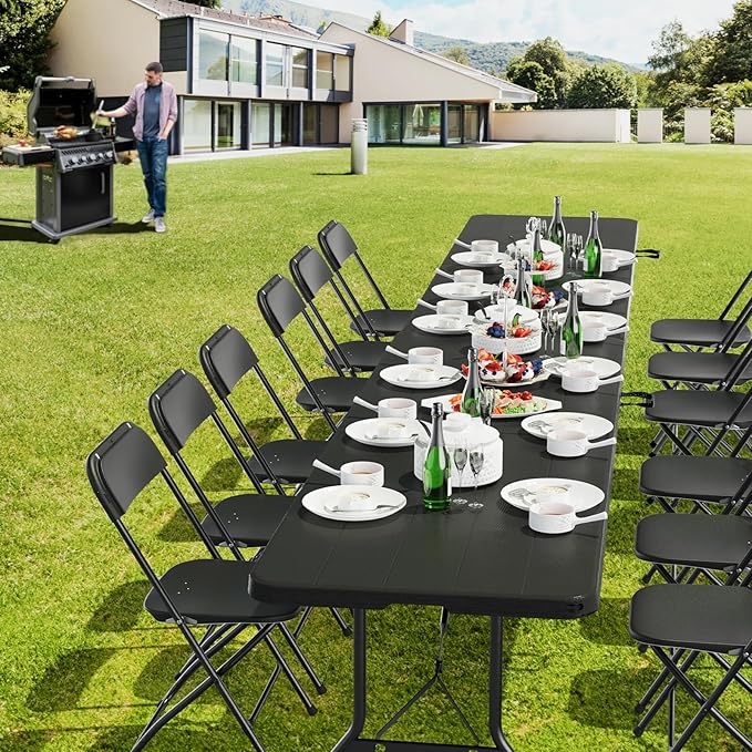 VINGLI 8 Foot Plastic Folding Table Portable Long Table for Indoor Outdoor Use Rectangular with Carrying Handle, Black - Image 2