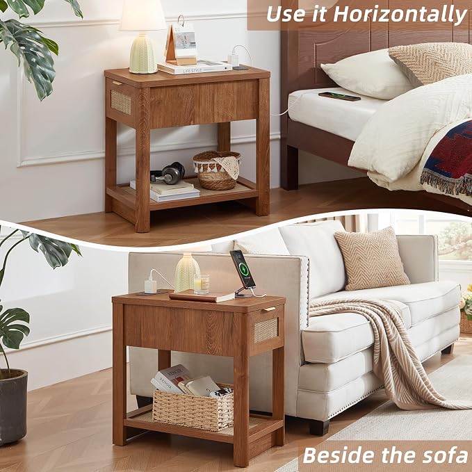 Lerliuo Narrow Night Stand with Charging Station, Boho Nightstand with Drawer, Bed Side End Table with Rattan Shelf for Small Spaces, Wood Nightstands Bedside Tables for Living Room Bedroom - Image 7