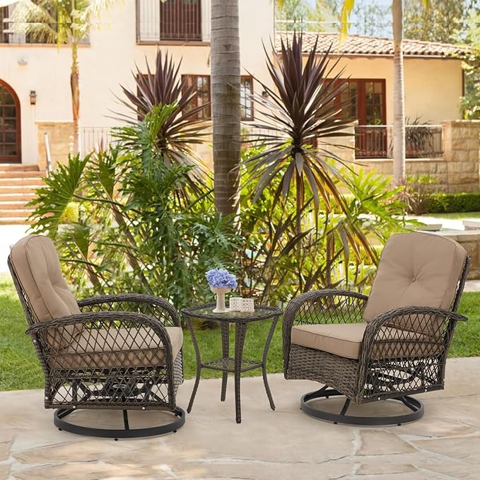 EROMMY 3 Pieces Outdoor Swivel Rocker Patio Chairs, 360 Degree Rocking Patio Conversation Set with Thickened Cushions and Glass Coffee Table for Backyard, Khaki