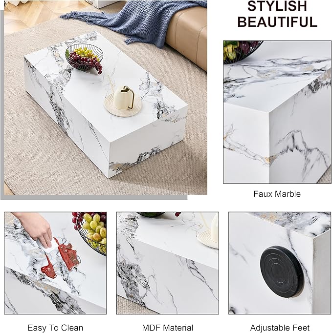 Modern Coffee Table Marble Grain,Rectangle Marble Faux Tea Table White,No Assembly