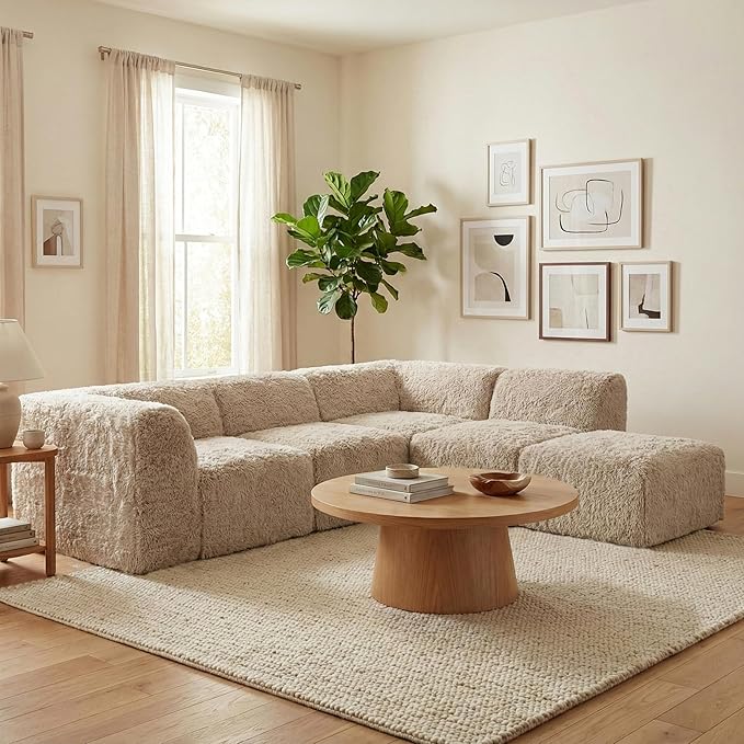 Furniture of America Havyn Modern Faux Fur 5-Seater L-Shaped Modular Foam Sectional Sofa with Ottoman, Compressed Couch in a Box, No Assembly Required, for Living Room and Office, Sand