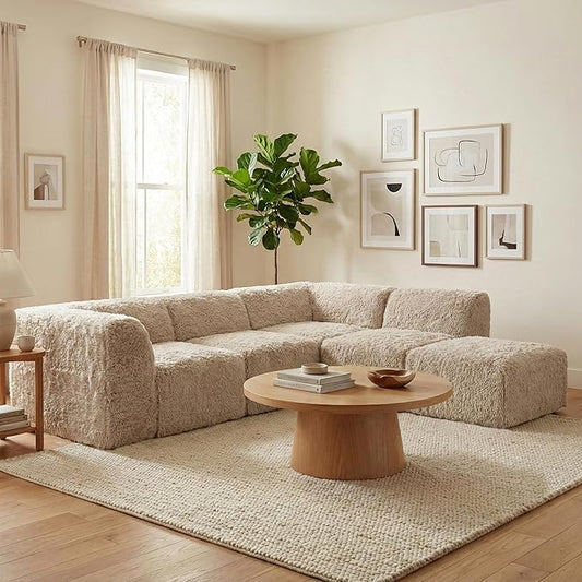 Furniture of America Havyn Modern Faux Fur 5-Seater L-Shaped Modular Foam Sectional Sofa with Ottoman, Compressed Couch in a Box, No Assembly Required, for Living Room and Office, Sand