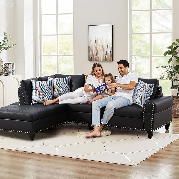 L Shape Sectional Couch with Chaise, 97.5 Inch Modular Sofa with Cup Holders, Sectional Couches for Living Room, Ergonomic Reclined Backrest, for Office and Small Apartment, Black