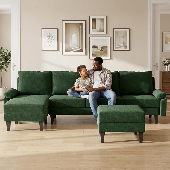 Modern L-Shaped Sectional Sofa with Storage Ottoman, Apartment Sectional Couch with Left Facing Chaise, 3-Piece Living Room Sofa Set, 115 Inch Furniture, Green