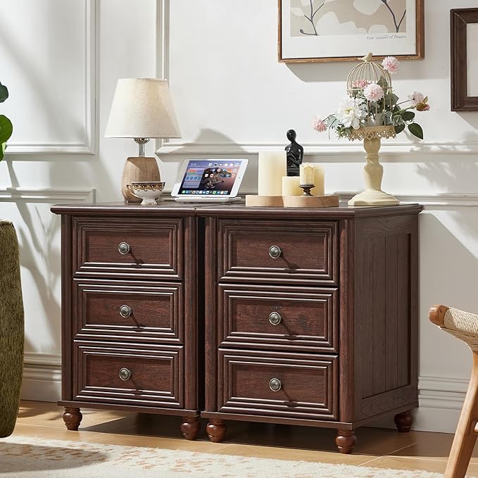 RWYHG 18" Farmhouse Night Stand, Walnut Wood Nightstand with 3 Drawers, Bedside End Table with Storage and Roman Column, Bed Side Tables Cabinet for Bedroom, Living Room, and Closet - Image 3