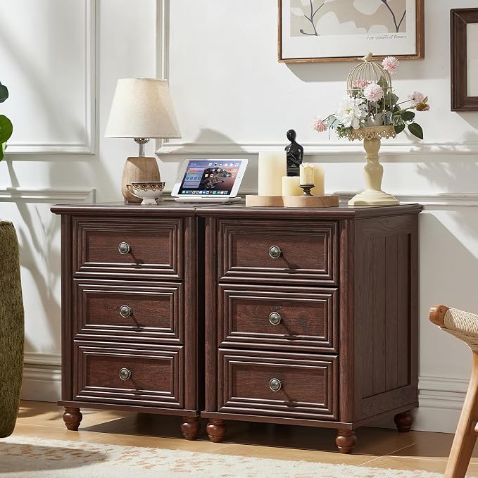 RWYHG 18" Farmhouse Night Stand Set of 2, Walnut Wood Nightstand with 3 Drawers, Bedside End Table with Storage and Roman Column, Bed Side Tables Cabinet for Bedroom, Living Room, and Closet - Image 2
