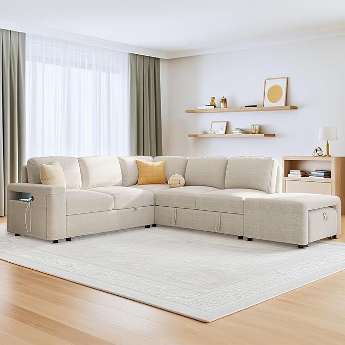 ERYE L-Shaped Multifunctional Sleeper Sectional with Hidden Storage and Cupholders, Modern Pull Out Sleeper Convertible Sofa Bed W/Storage Chaise, Ottoman, USB-C Ports