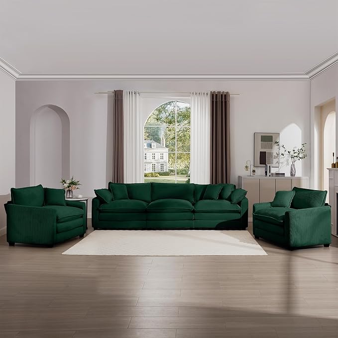 KEIKI 3-Piece Sofa Set with 1 Oversized Corduroy 3-Seater Sofa & 2 Single Sofa, Upholstered 5-Seater Couch Set with 7 Pillow, High-Density Foam Cushions, Removable Armrests, for Living Room, Green