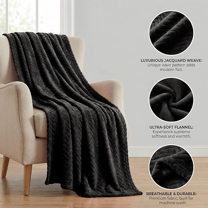 Exclusivo Mezcla Fleece Throw Blanket for Couch, Cozy Lightweight Blankets for All Season, Decorative Giftable Fuzzy Plush Wave Textured Throws for Women, Men, Black, 50x70 Inches