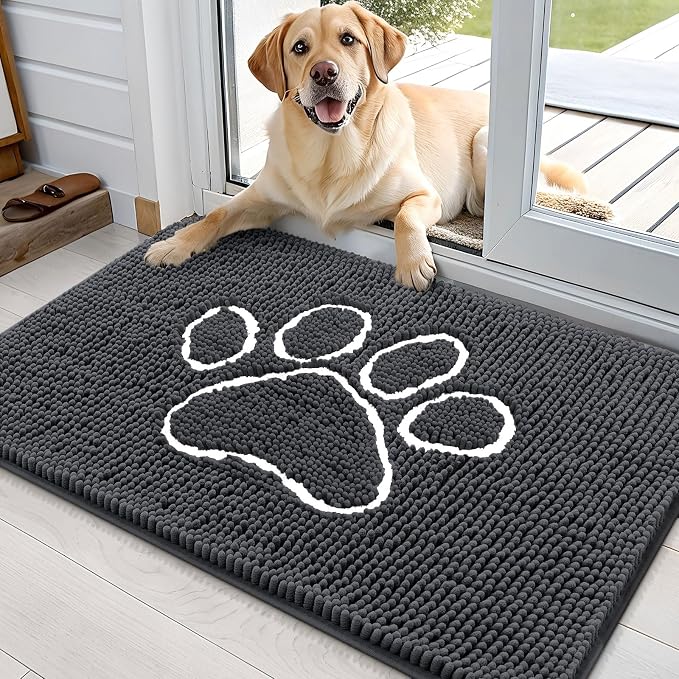 OLANLY Dog Door Mat for Muddy Paws 36x24, Paw Print Design, Absorbs Moisture and Dirt, Absorbent Non-Slip Washable Doormat, Quick Dry Chenille Mud Mat for Dogs, Entry Indoor Entryway Carpet, Dark Grey by OLANLY