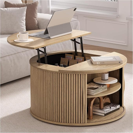 31.5" Round Lift Top Coffee Table with Hidden Storage, Oak Drum Coffee Table for Living Room, Wood Fluted Design Center Table for Small Apartment & WFH