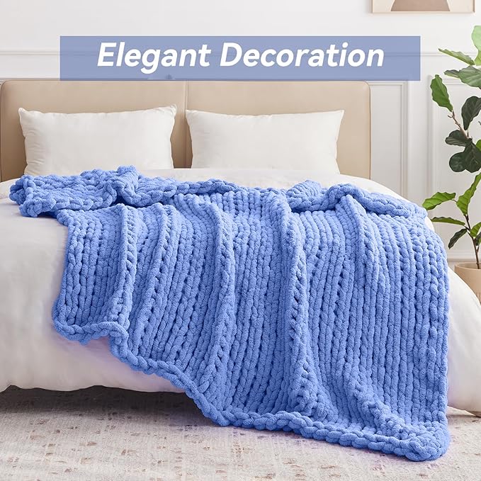 Negwoo Chunky Knit Throw Blanket, 80''*90'' Knitted Throw Chenille Yarn for Bed Couch, Handmade Light Blue Crochet Big Thick Blanket, Machine Washable Cute Comfy Blanket for Home Decor